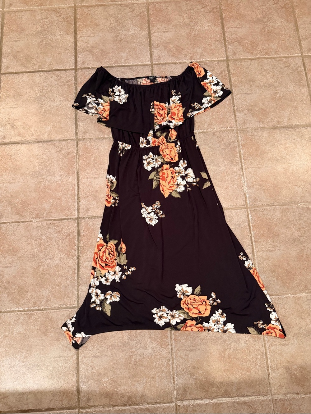 Du Jour Black One-Shoulder Maxi Dress with Orange Rose Print